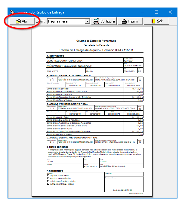 Tela de gerao do recibo de entrega