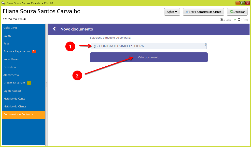tela cliente novo documento criar