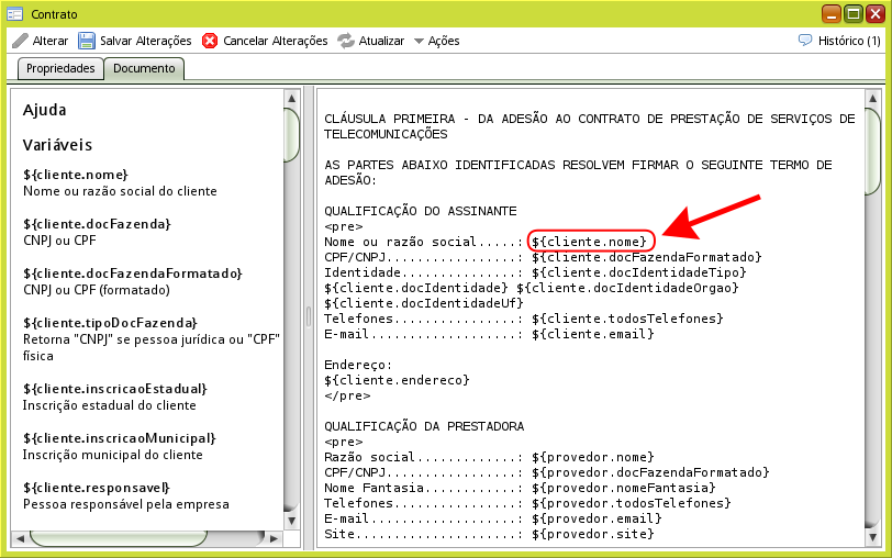 tela modelo contrato texto tag